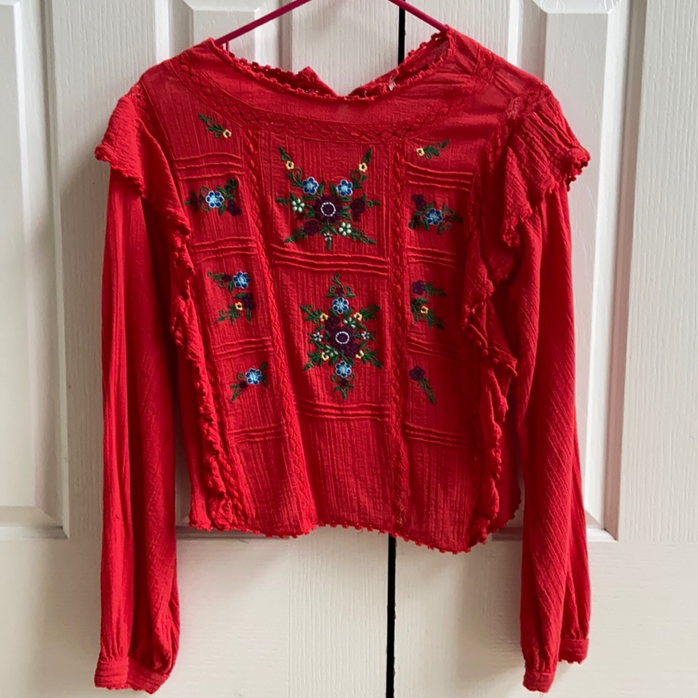 Free People Floral Red Blouse